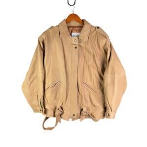London Fog Moto Bomber Genuine Leather Jacket Cream Brown Womens‎ Large Regular